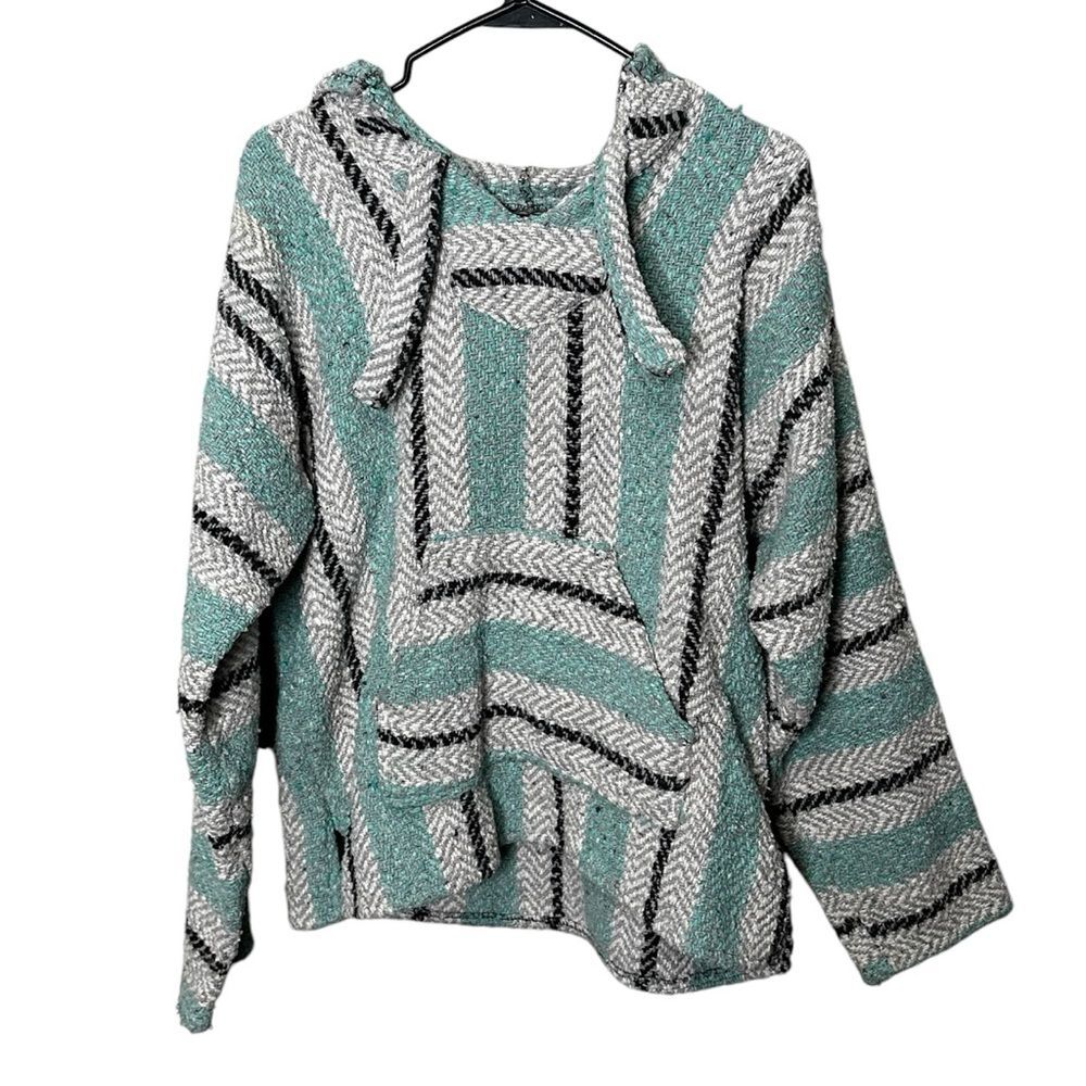 Earth Ragz large Baja Mexican Hoodie Mint Gray Kangaroo Pocket Drug Rug